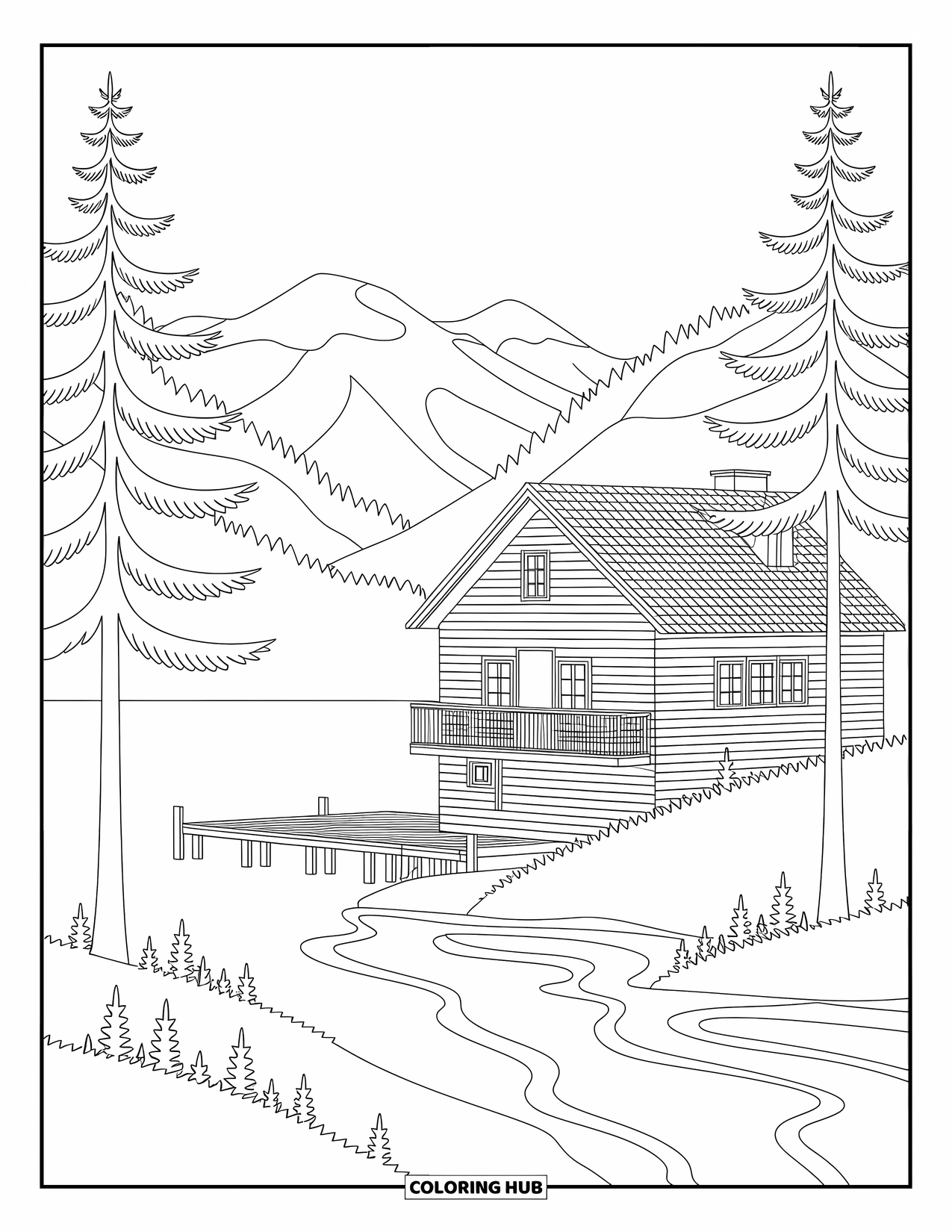 Huis Kleurplaat voor Volwassenen: Een berghut met een pier, dennenbomen en ingewikkelde patronen