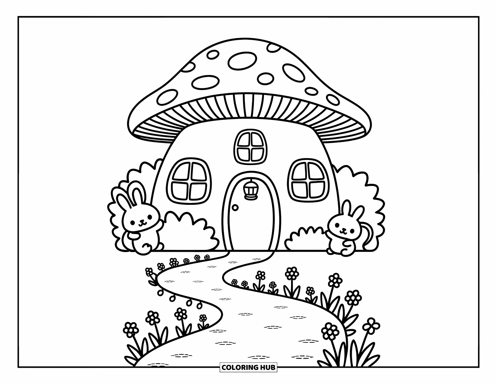 Huis Kleurplaat voor Volwassenen: Een paddenstoelenhuis met een zandpad, bloemen en bosdieren