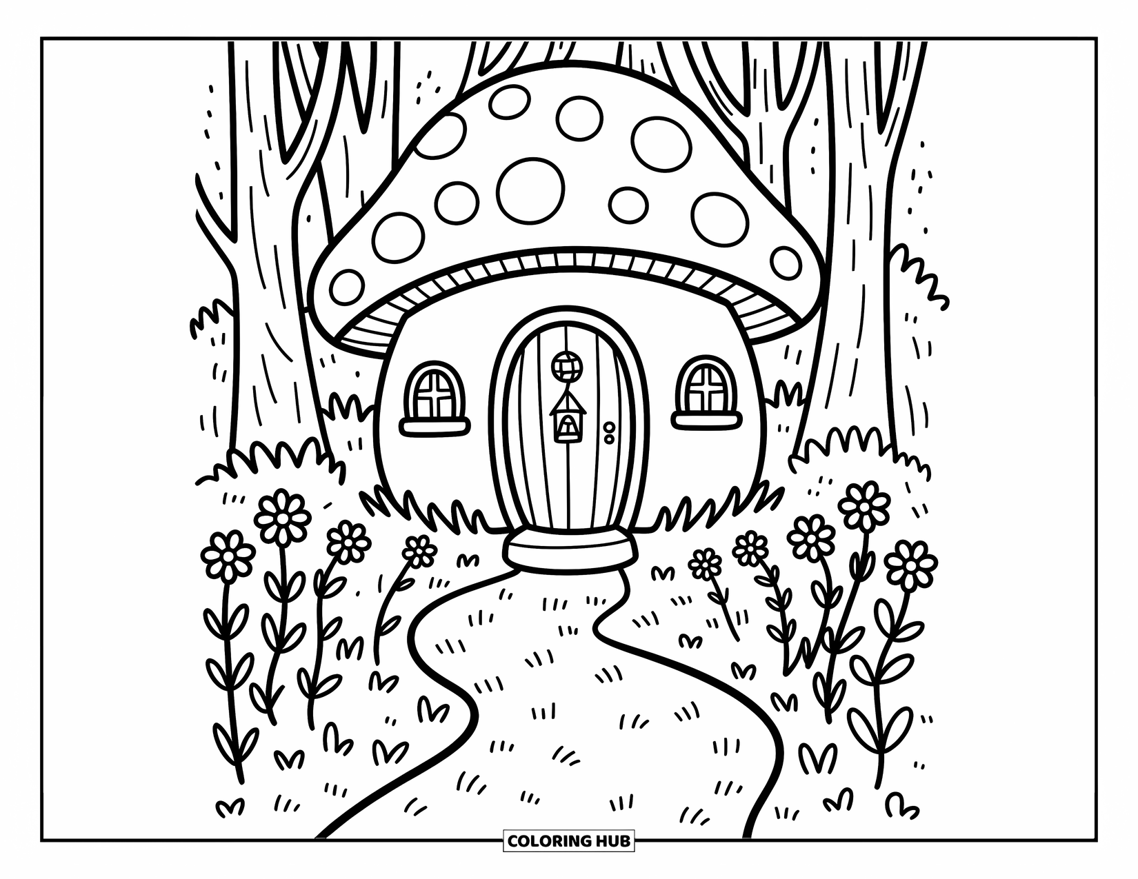 Huis Kleurplaat voor Volwassenen: Een paddenstoelenhuis met een lantaarn en nieuwsgierige bosdieren in de buurt