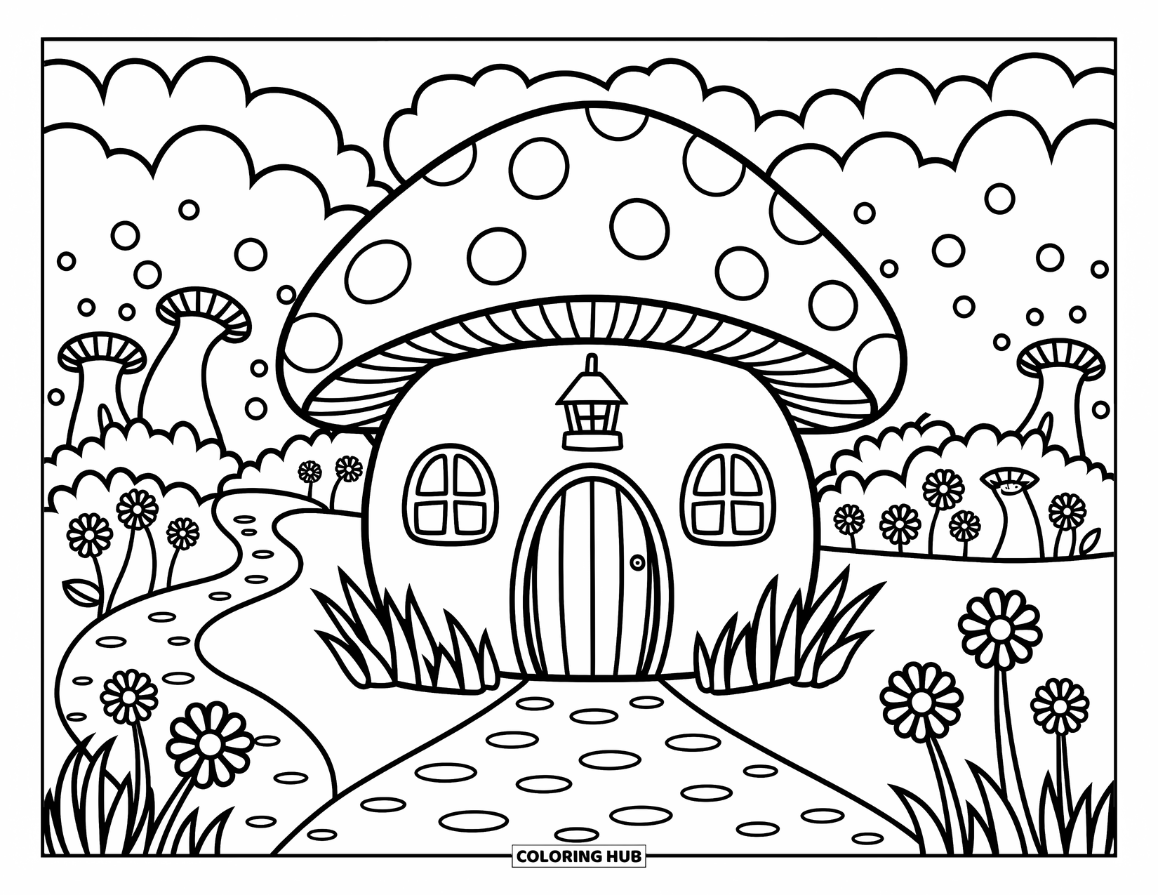 Huis Kleurplaat voor Volwassenen: Een paddenstoelenhuis met een lantaarn, bloemen en speelse bosdieren