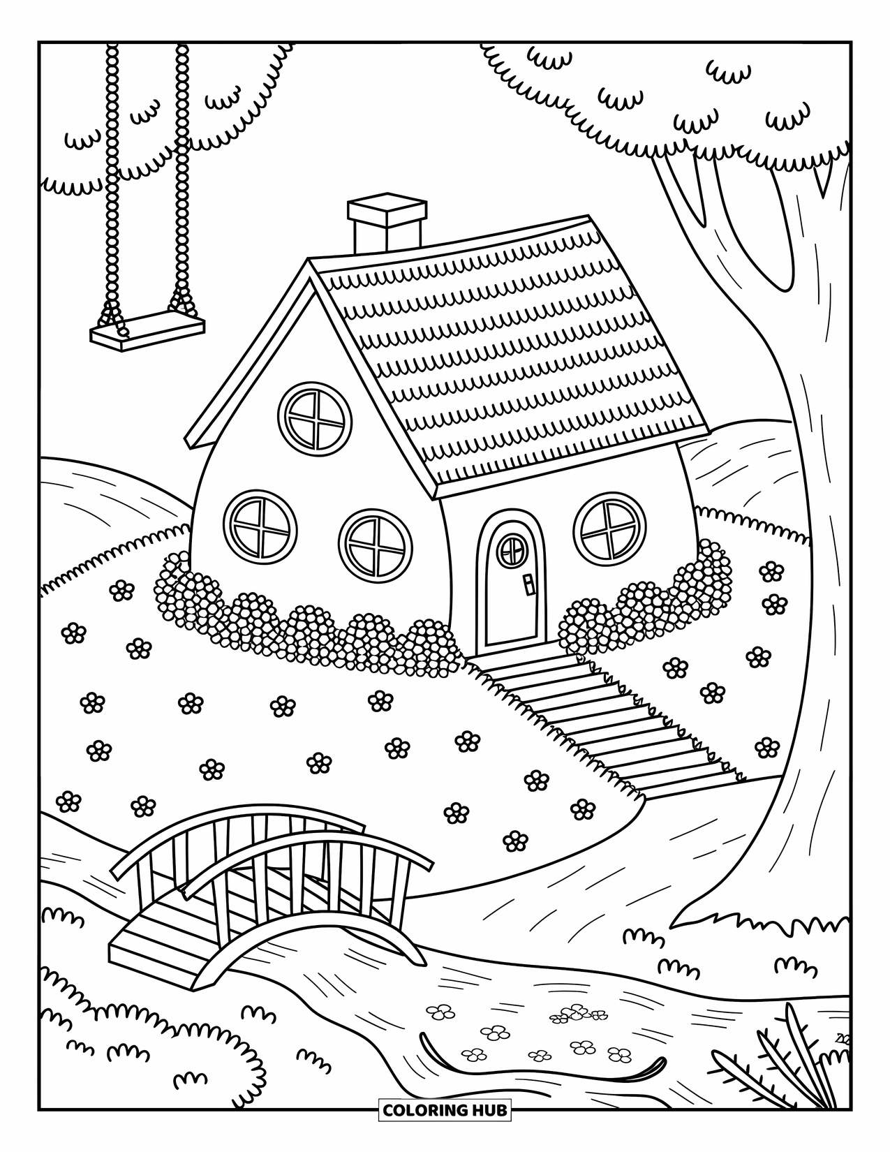 Huis Kleurplaat voor Volwassenen: Een rond huis met een grasdak, een brug en een schommel