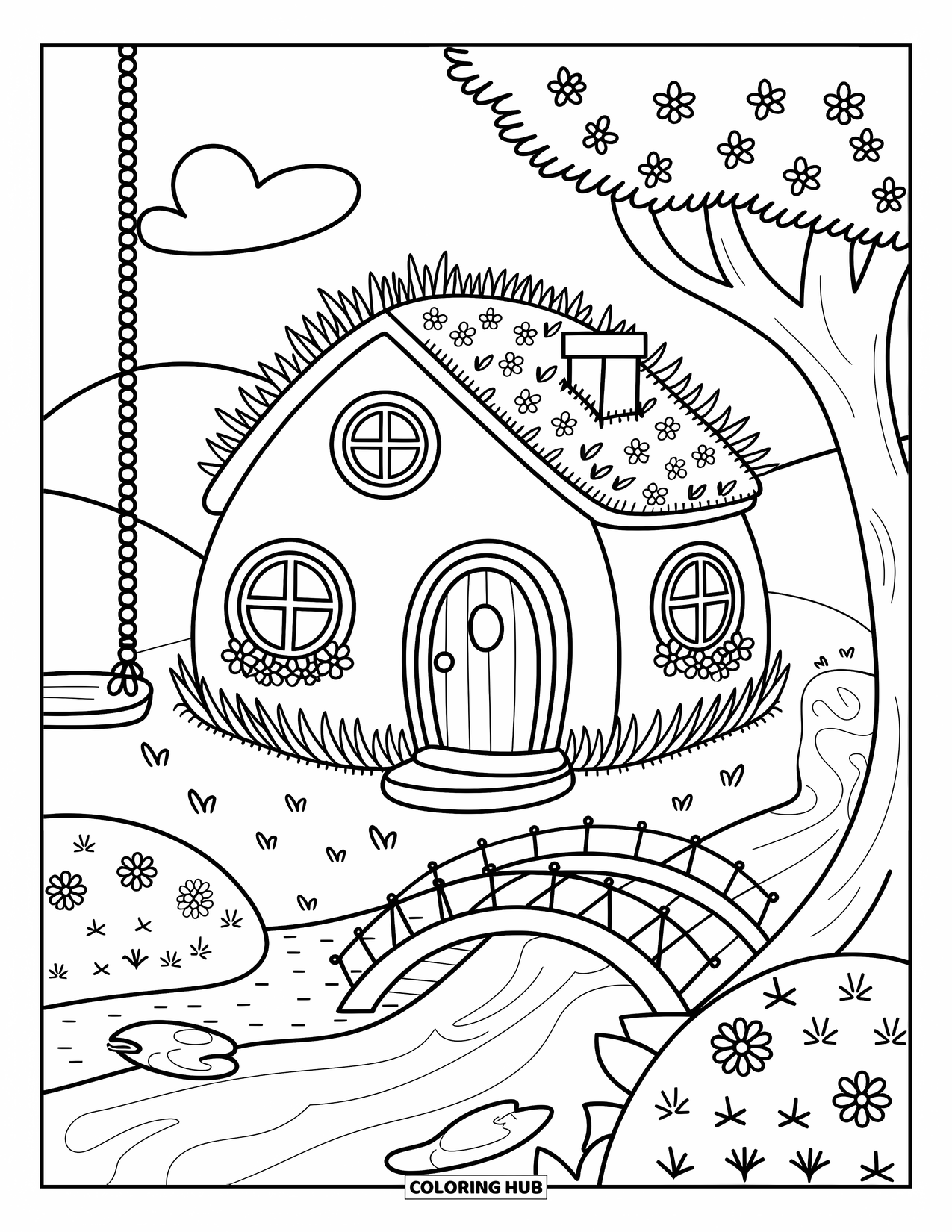 Huis Kleurplaat voor Volwassenen: Een rond huis met ronde ramen, een brug en een schommel