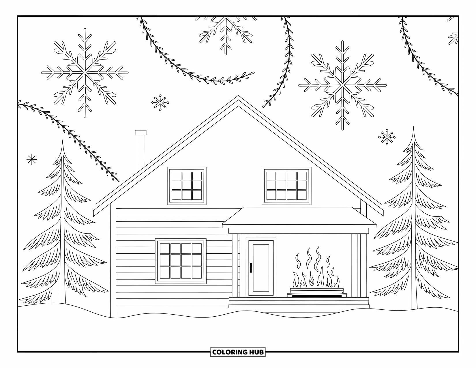 Huis Kleurplaat voor Volwassenen: Een Scandinavisch huis met een open haard, sneeuwvlokken en gedetailleerde patronen