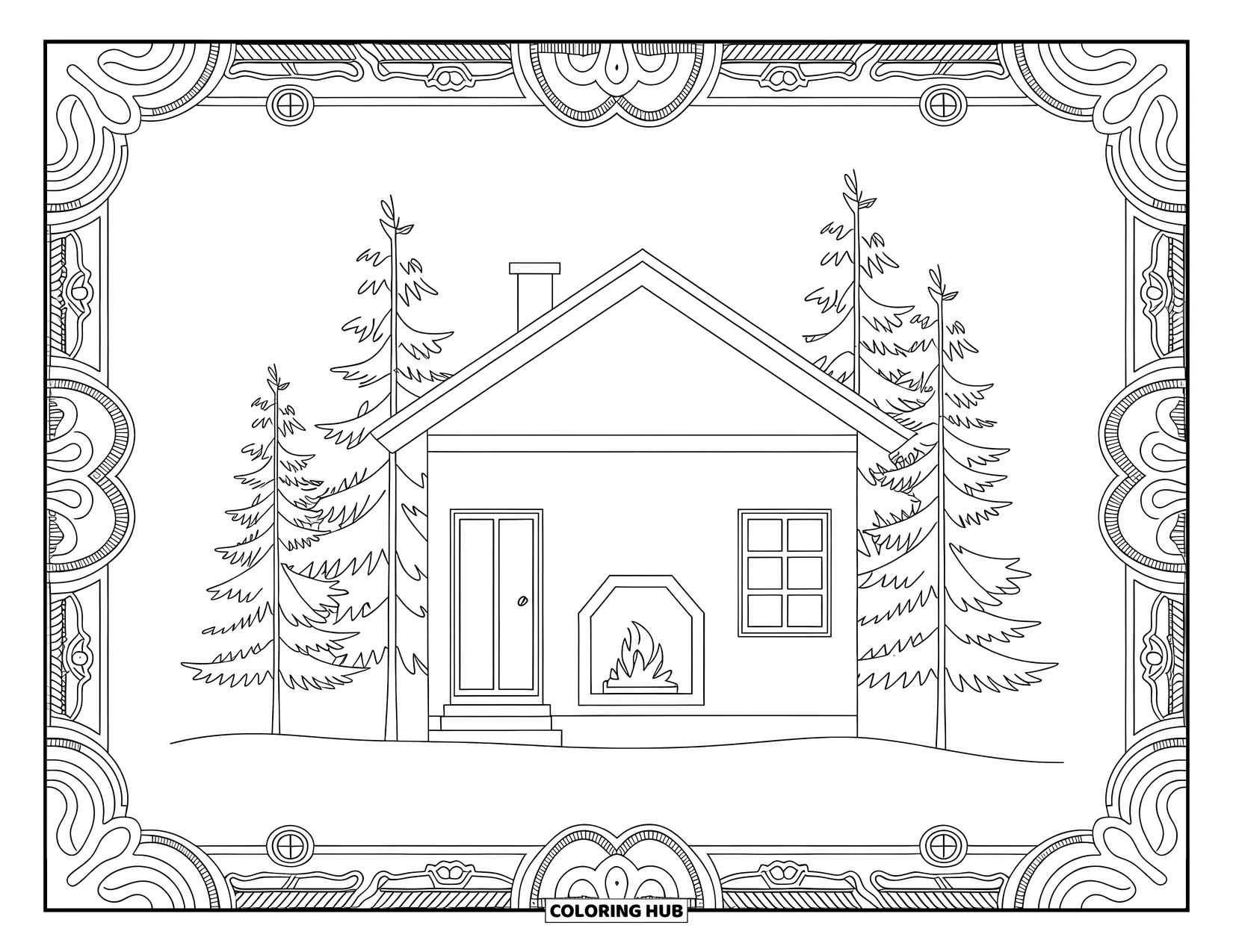 Huis Kleurplaat voor Volwassenen: Een Scandinavisch huis met besneeuwde bomen en een gezellige open haard