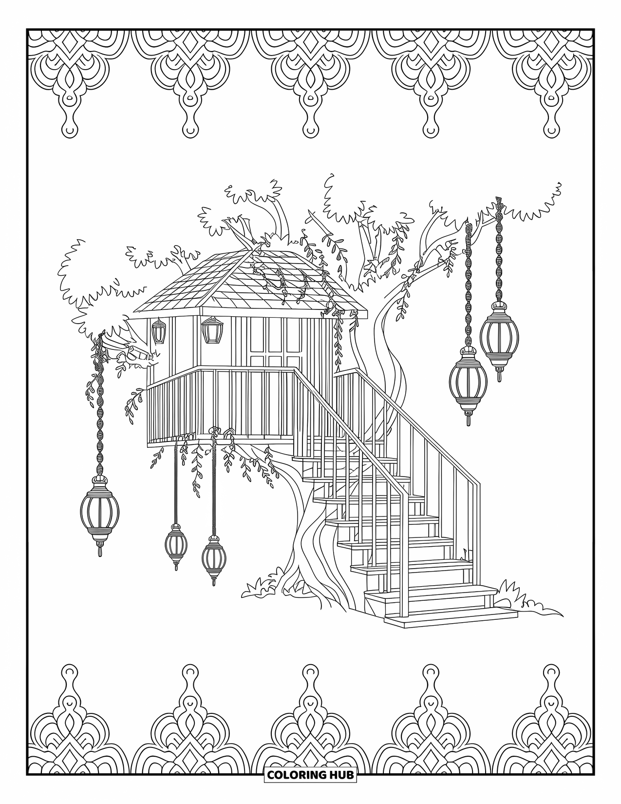 Huis Kleurplaat voor Volwassenen: Een afgelegen boomhut met lantaarns, wijnranken en gedetailleerde ontwerpen