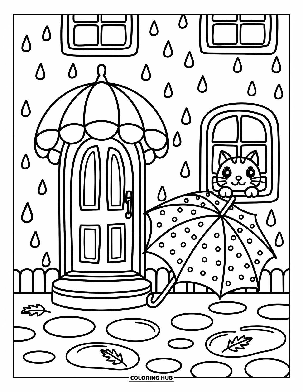 Huis Kleurplaat voor Volwassenen: Een herenhuis met een luifel, een kat en paraplu's in de regen