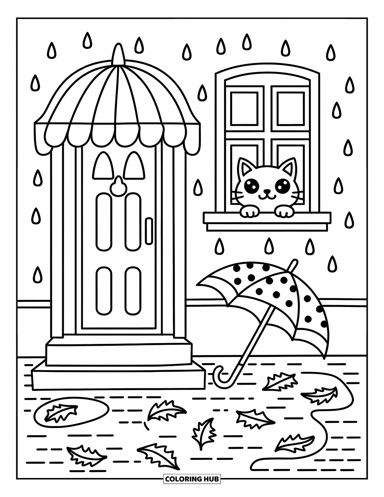 Huis Kleurplaat voor Volwassenen: Een herenhuis met parasols, een kat en een geplaveid pad