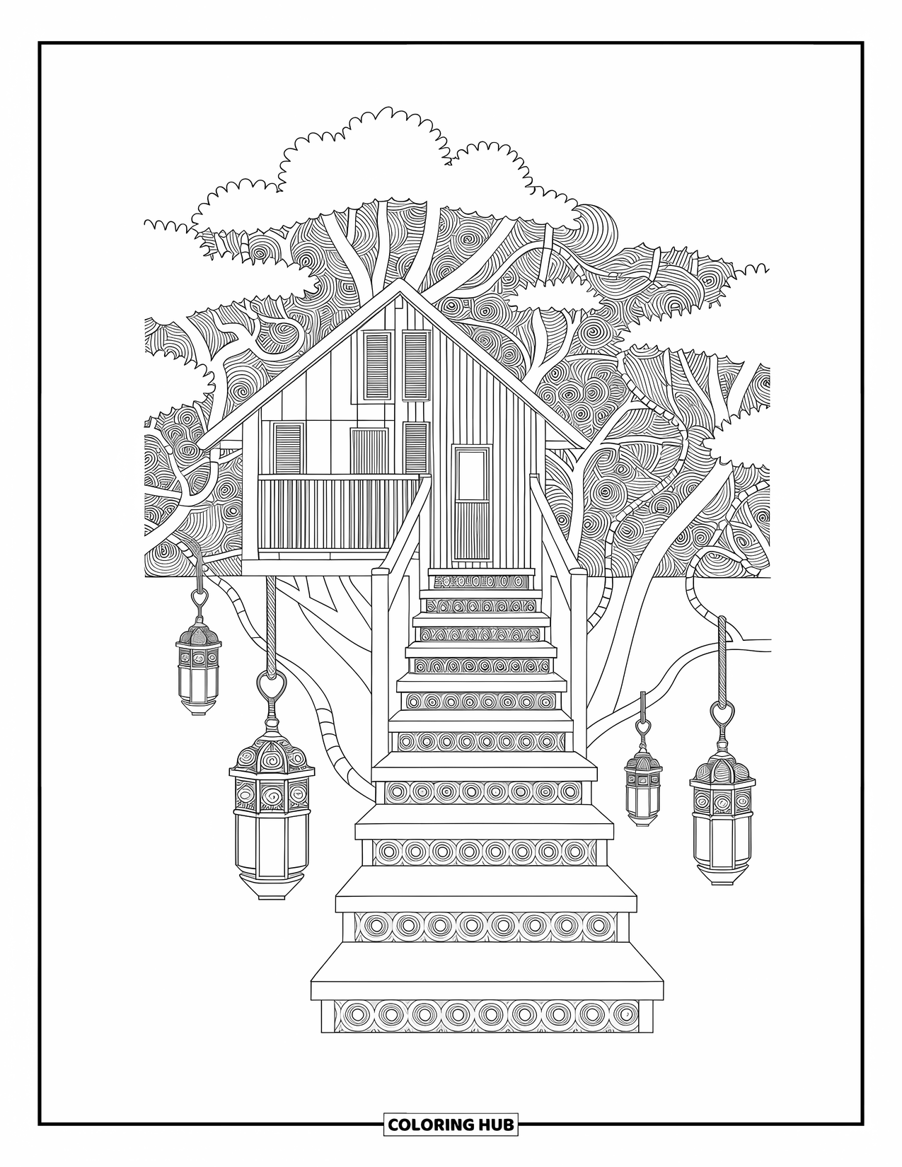 Huis Kleurplaat voor Volwassenen: Een boomhut met hangende lantaarns, wijnranken en ingewikkelde patronen