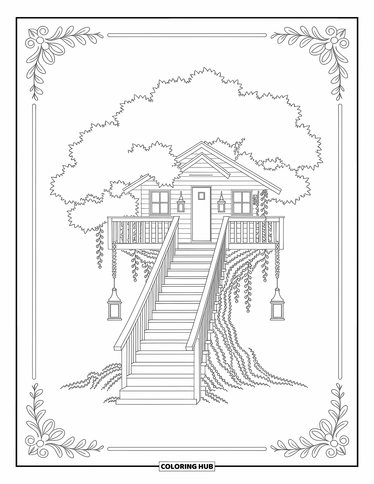 Huis Kleurplaat voor Volwassenen: Een boomhut met lantaarns, wijnranken en houten trappen