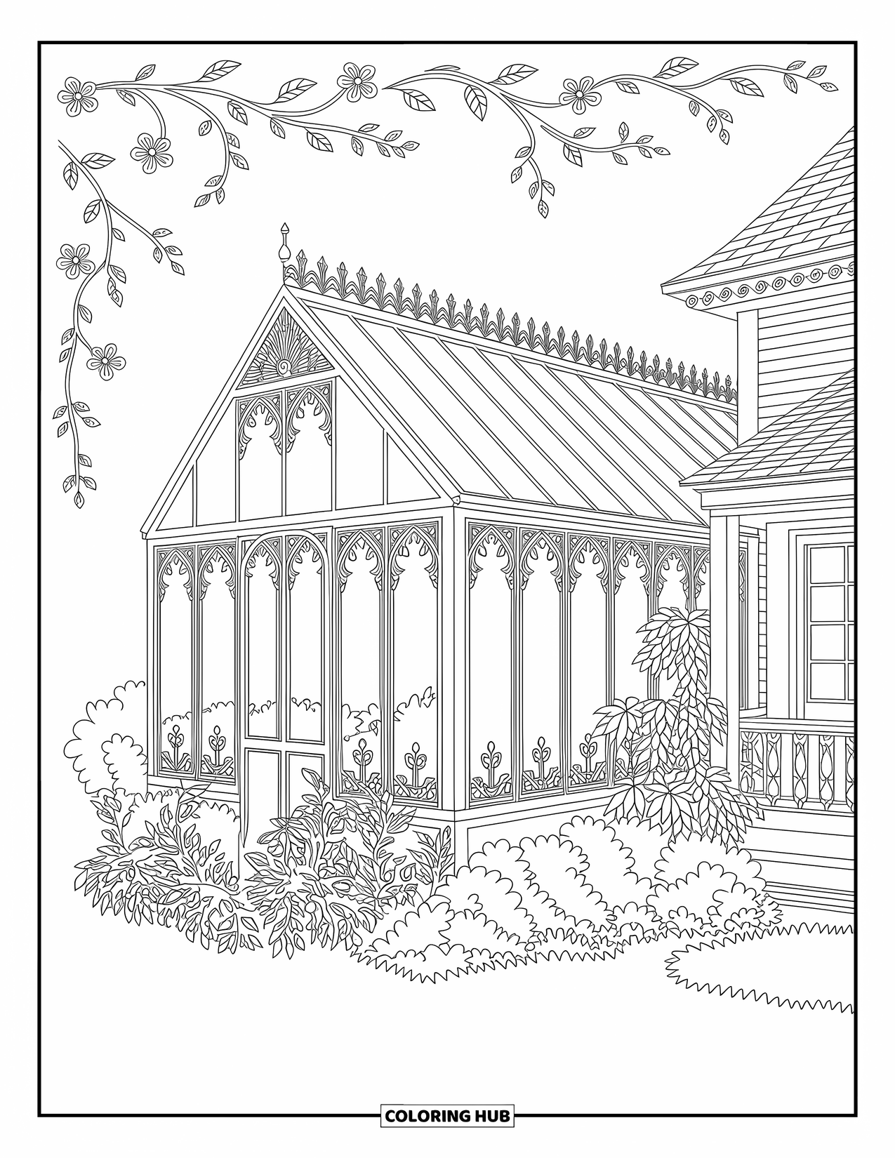 Huis Kleurplaat voor Volwassenen: Een Victoriaanse kas met ingewikkelde ontwerpen en weelderige planten