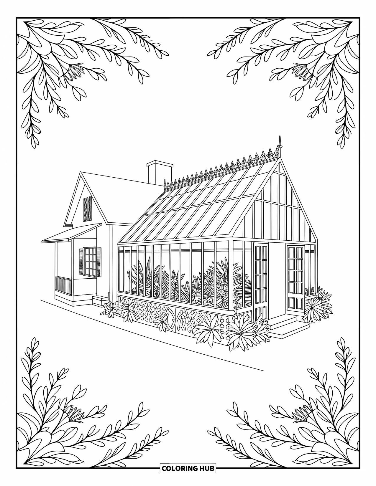 Huis Kleurplaat voor Volwassenen: Een Victoriaanse kas met weelderige planten en gedetailleerde patronen