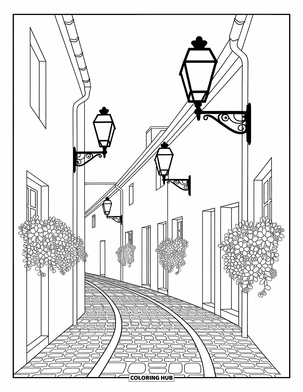 Huis Kleurplaat voor Volwassenen: Een dorpsstraat met keien, straatlantaarns en ingewikkelde patronen