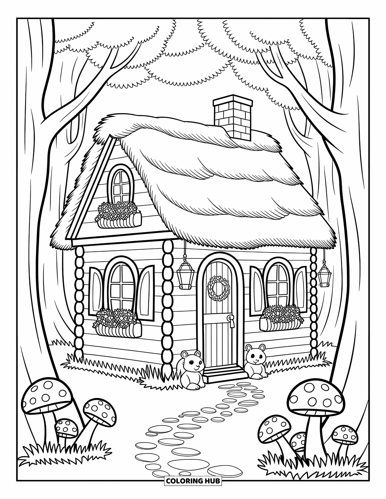 Huis Kleurplaat voor Volwassenen: Een houten huisje met bloembakken, paddenstoelen en eekhoorns