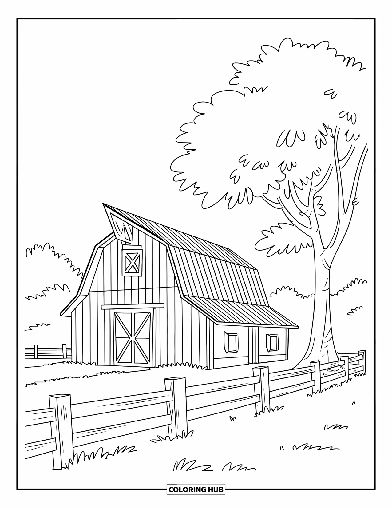 Huis Kleurplaat voor Kinderen: Een schuur met een hellend dak en een houten hek