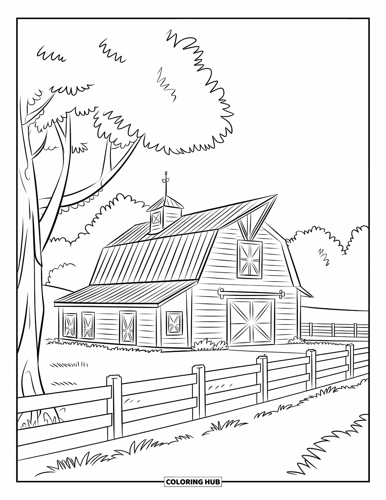 Huis Kleurplaat voor Kinderen: Een schuur met een wit hek en een boom