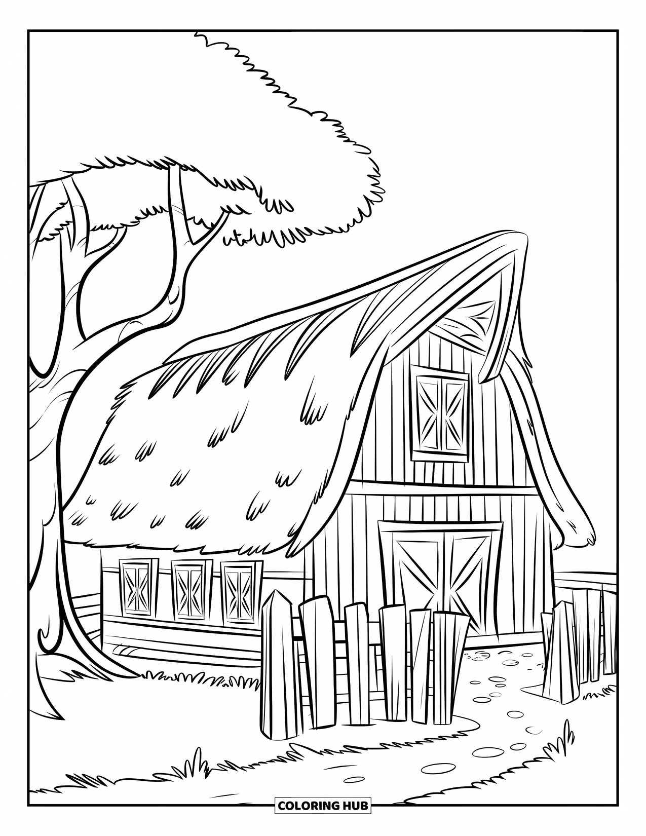 Huis Kleurplaat voor Kinderen: Een schuurvormig huis met een hek en een boom