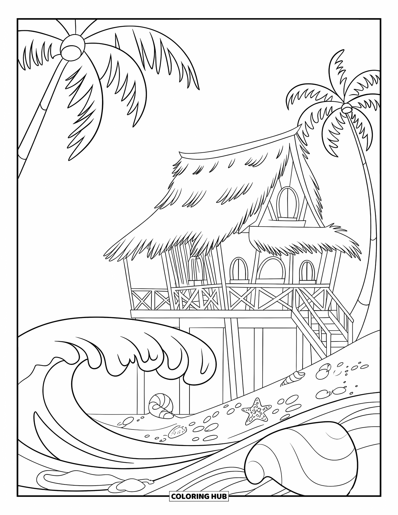 Huis Kleurplaat voor Kinderen: Een strandhuis op palen met schelpen en palmbomen in de buurt