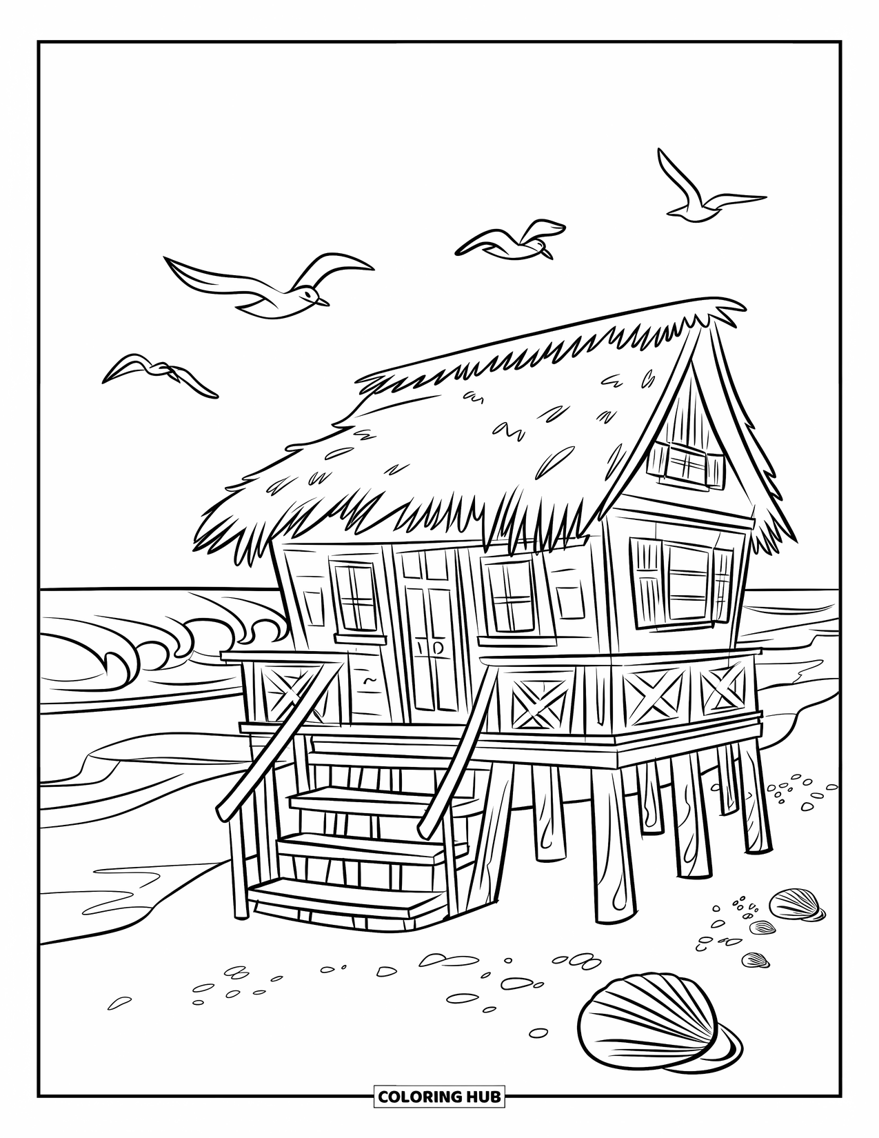 Huis Kleurplaat voor Kinderen: Een strandhuis op palen met golven en meeuwen die erboven vliegen