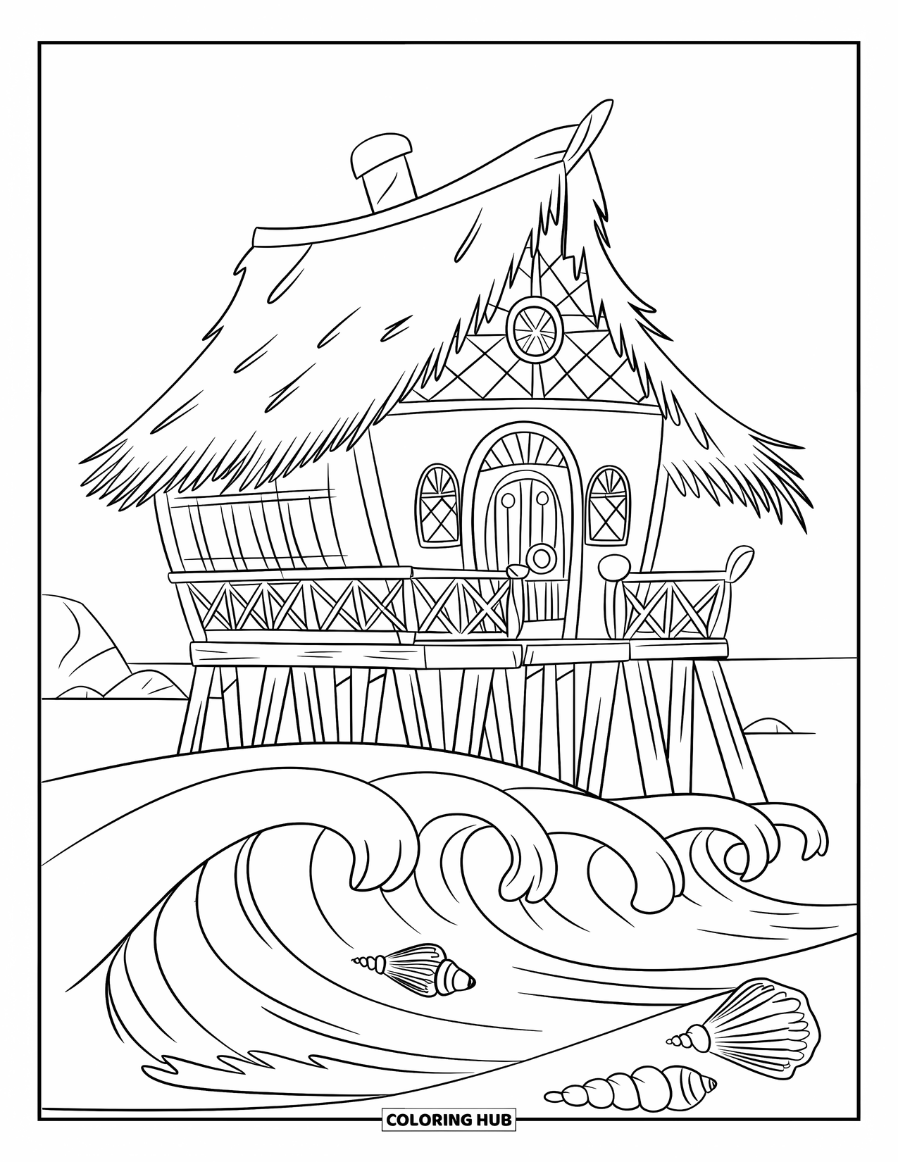Huis Kleurplaat voor Kinderen: Een strandhuis met schelpen en golven onder een kalme oceaanlucht