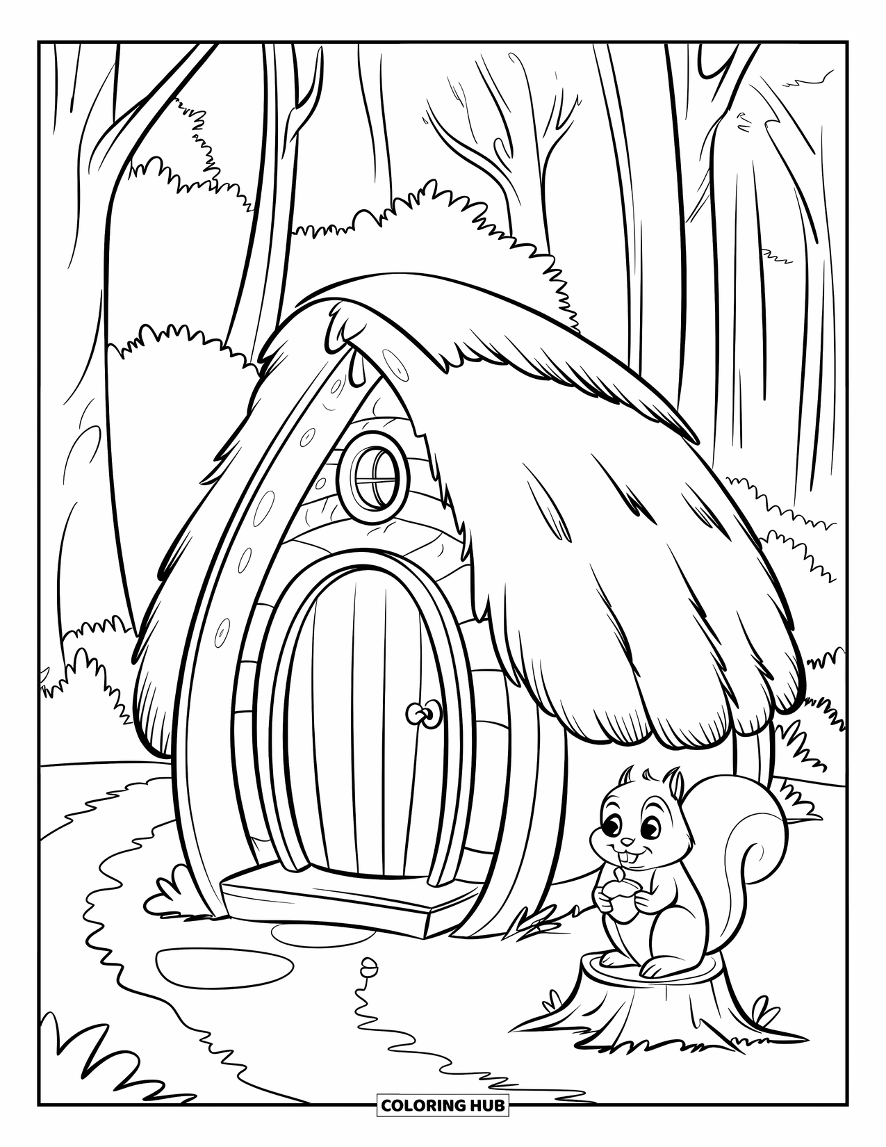 Huis Kleurplaat voor Kinderen: Een hut met een eekhoorn op een stronk en bomen eromheen