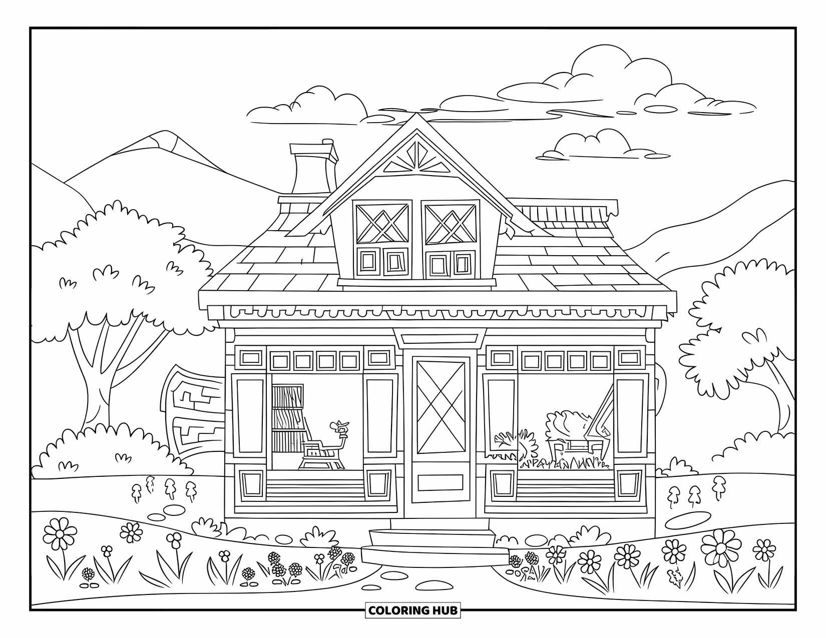 Huis Kleurplaat voor Kinderen: Een charmante boekhandel met open ramen, boekenplanken en een tuin vol bloemen