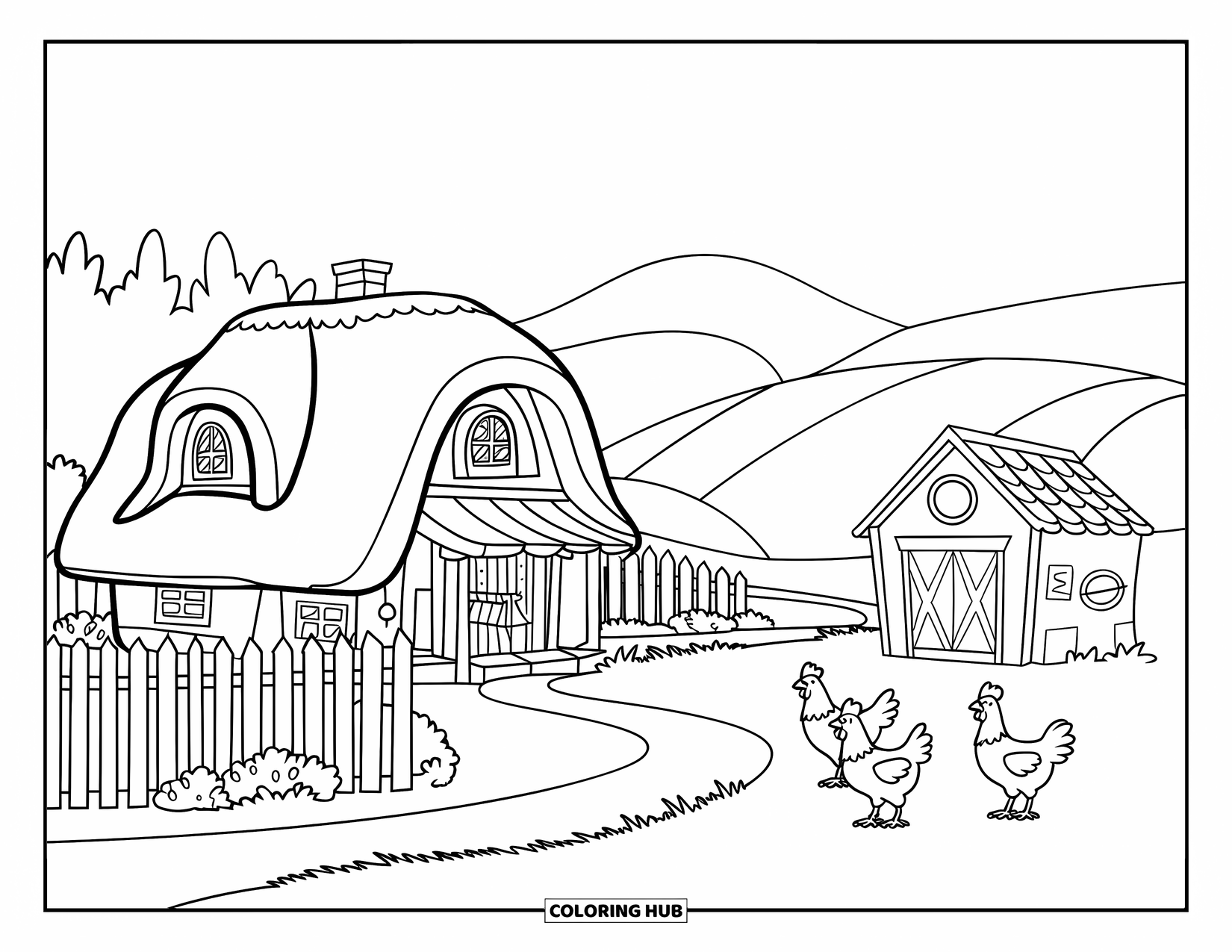 Huis Kleurplaat voor Kinderen: Een charmant huis met een tuin, schuur en rondlopende kippen