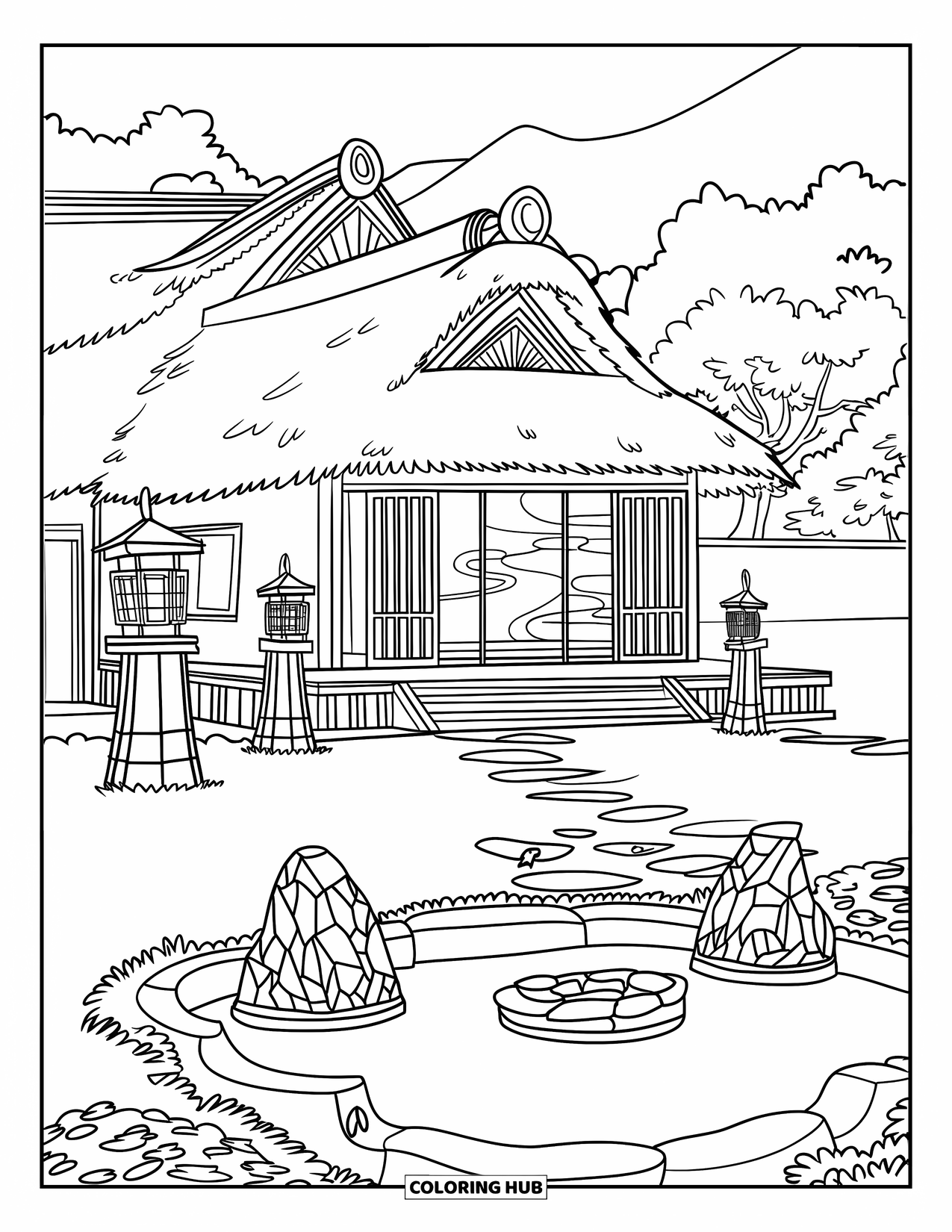 Huis Kleurplaat voor Kinderen: Een charmant Japans huis met een rieten dak, lantaarns en een met stenen omzoomde koivijver