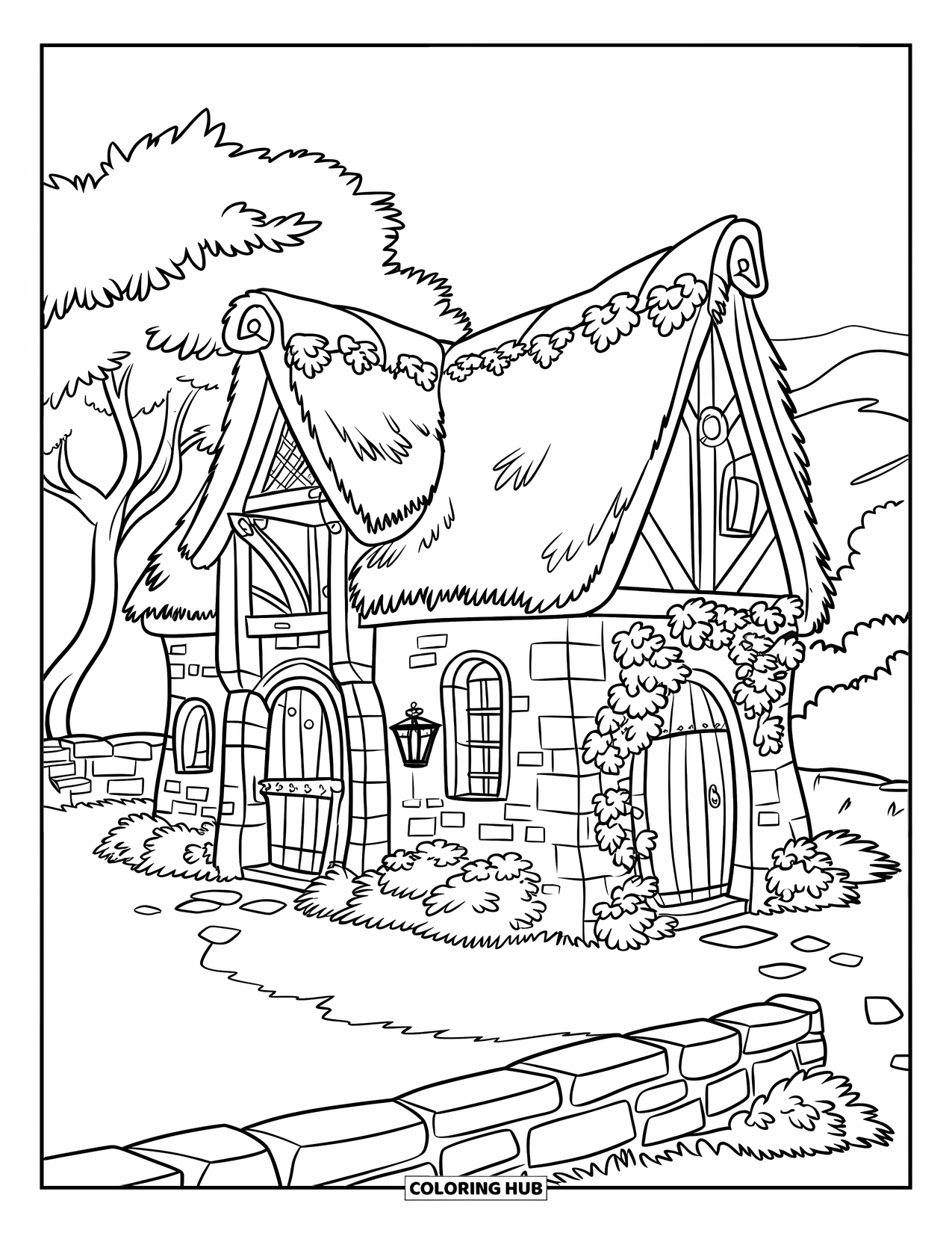 Huis Kleurplaat voor Kinderen: Een charmant stenen huisje met klimop, een houten deur en een stenen pad