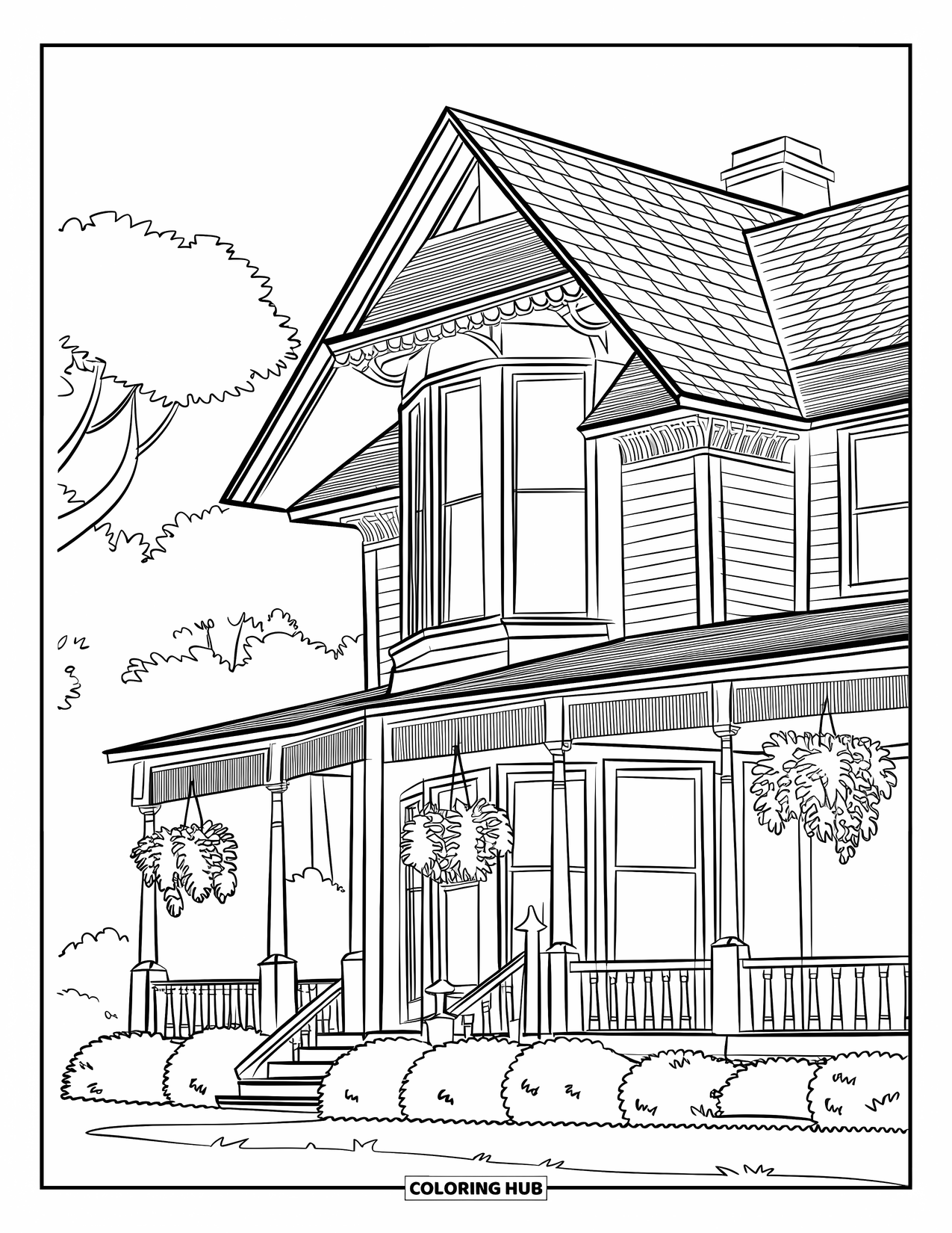 Huis Kleurplaat voor Kinderen: Een charmant Victoriaans huis met een veranda en hangplanten