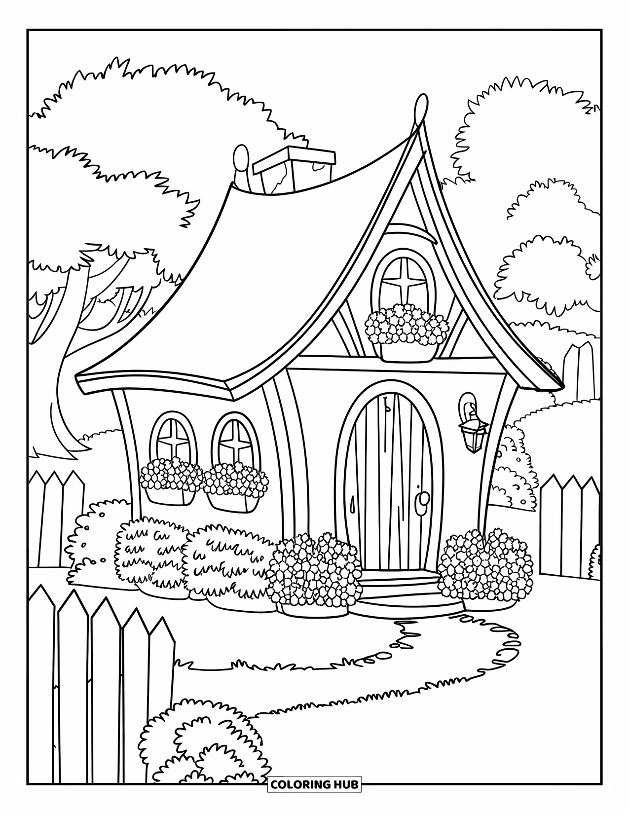 Huis Kleurplaat voor Kinderen: Een huisje in een weiland met bloembakken en een houten hek