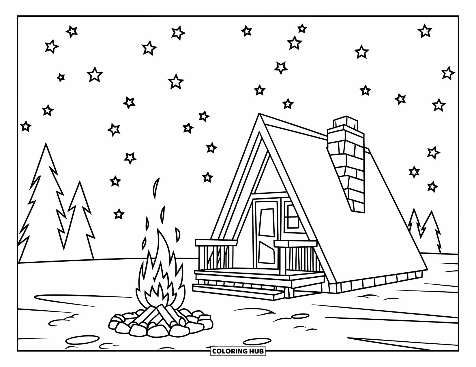 Huis Kleurplaat voor Kinderen: Een gezellige A-frame hut met een kampvuur en een besneeuwde ondergrond