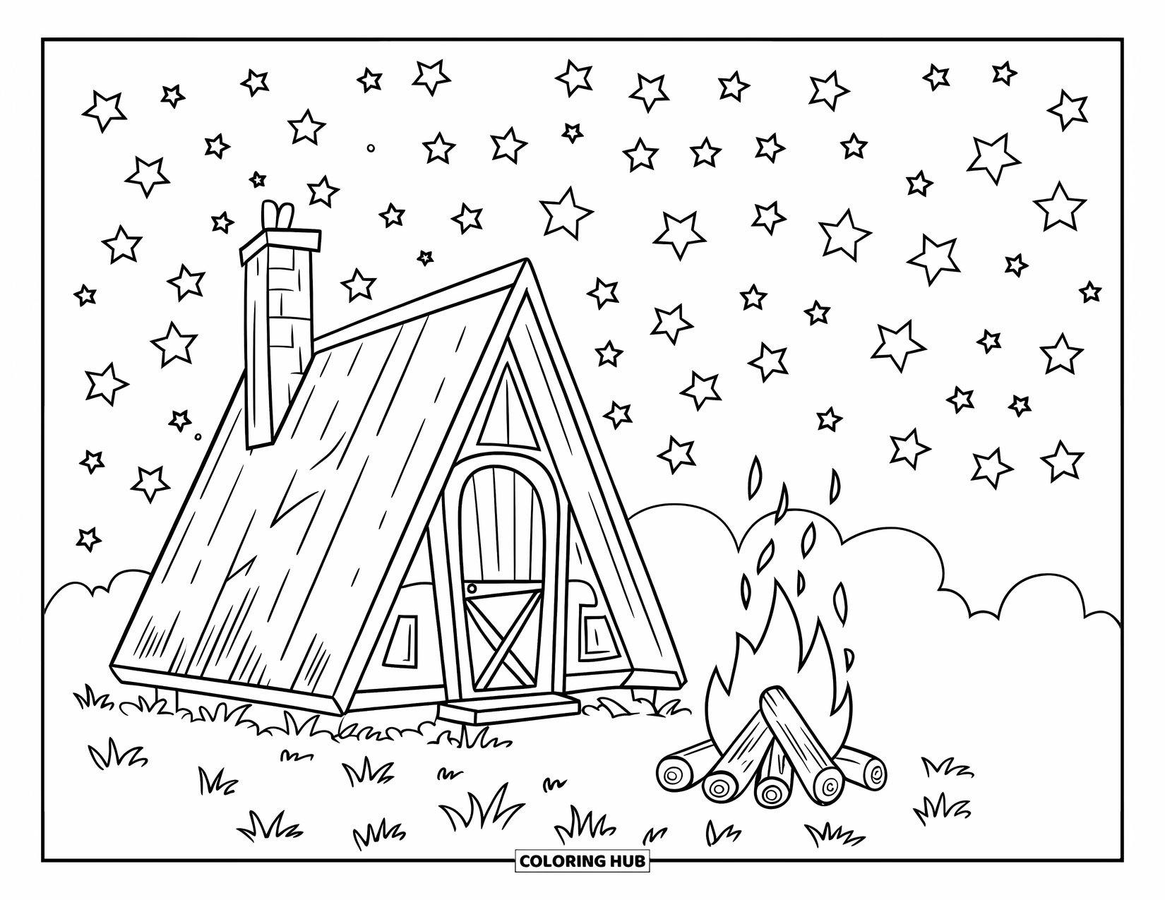 Huis Kleurplaat voor Kinderen: Een gezellige A-frame hut met een kampvuur en sterren