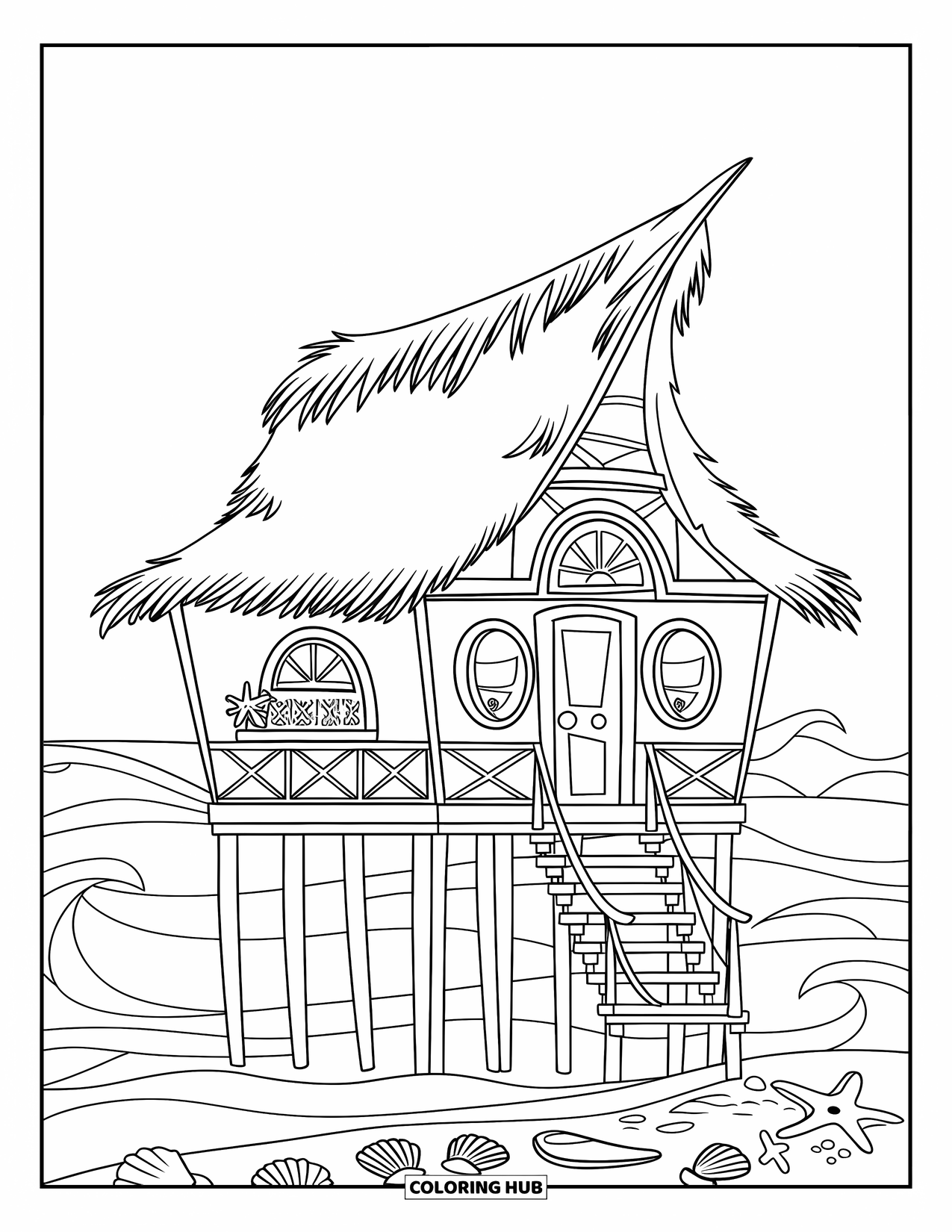 Huis Kleurplaat voor Kinderen: Een gezellig strandhuis op palen, omringd door schelpen en golven