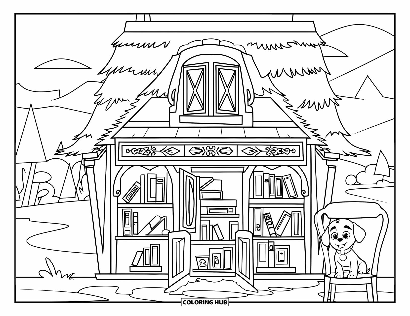 Huis Kleurplaat voor Kinderen: Een gezellige boekhandel met open ramen, boekenplanken en een nieuwsgierige puppy op een stoel