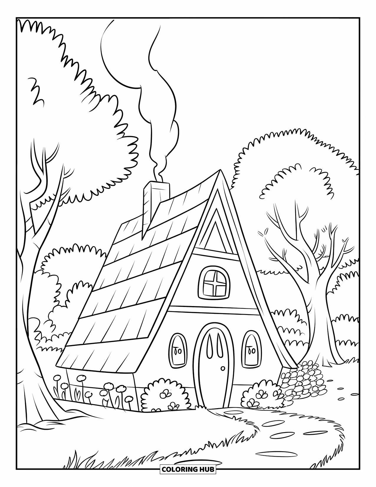 Huis Kleurplaat voor Kinderen: Een gezellig huisje met een pad, bloemen en rook uit de schoorsteen