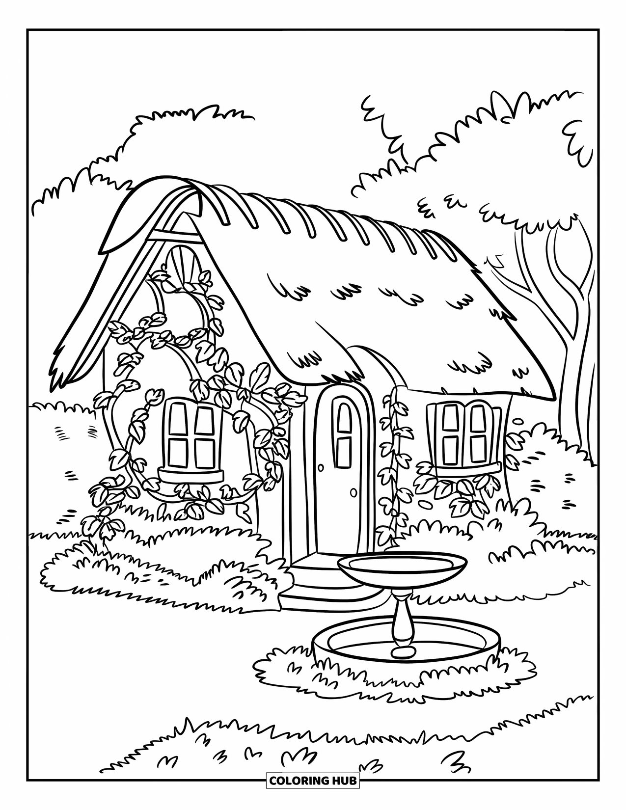 Huis Kleurplaat voor Kinderen: Een gezellig tuinhuis met wijnranken en een pad naar een vogelbad