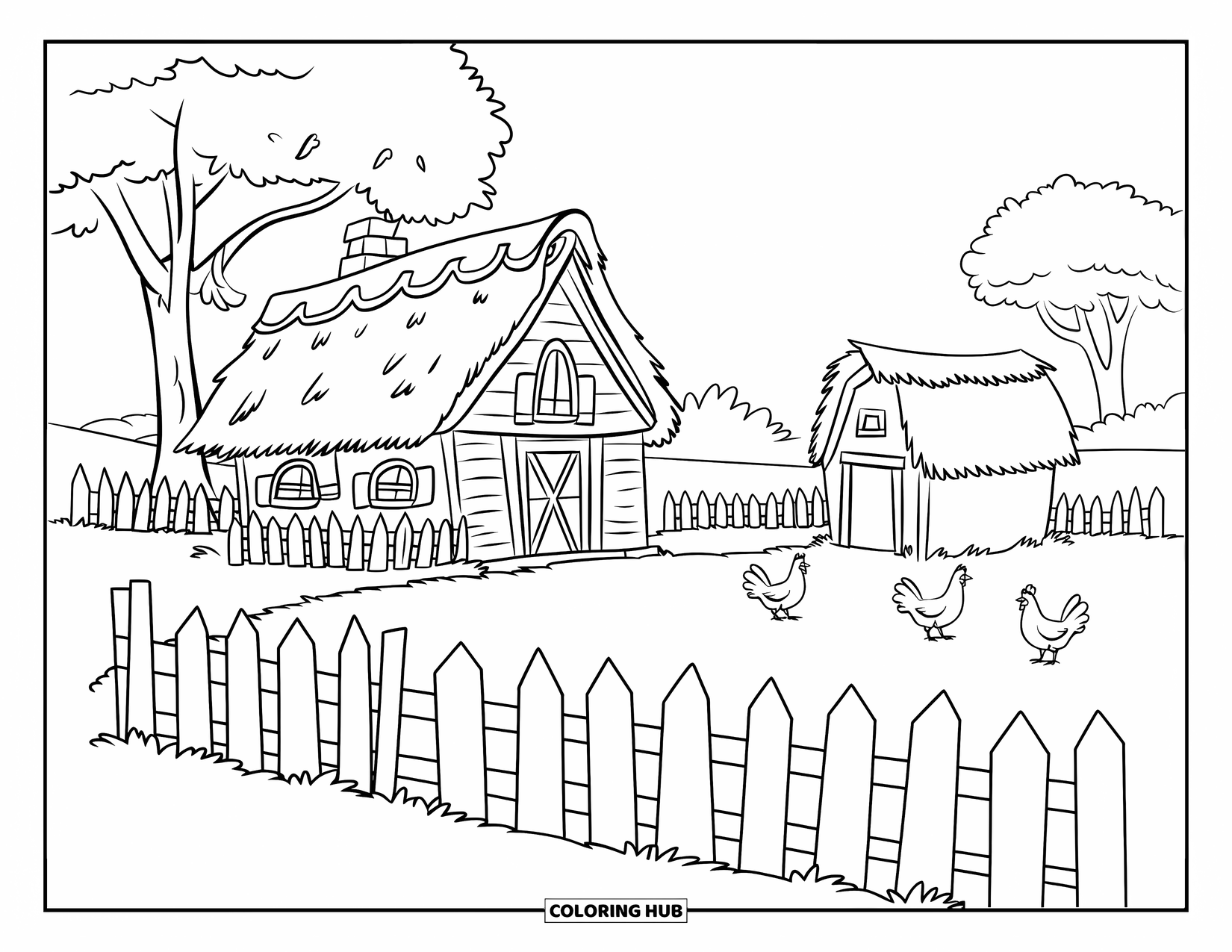 Huis Kleurplaat voor Kinderen: Een gezellig huis met een schutting, schuur en drie vriendelijke kippen