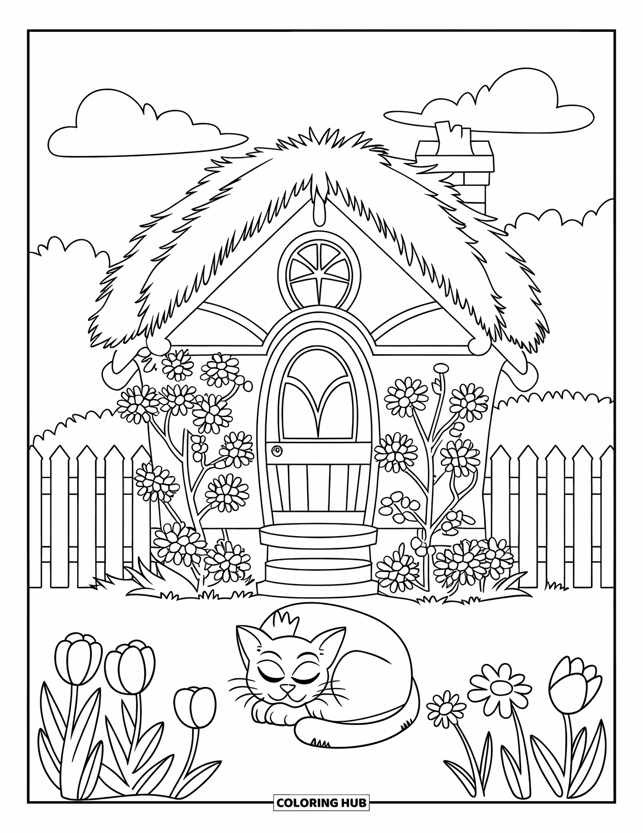 Huis Kleurplaat voor Kinderen: Een gezellig huis met bloemen en een kat die op de stoep rust