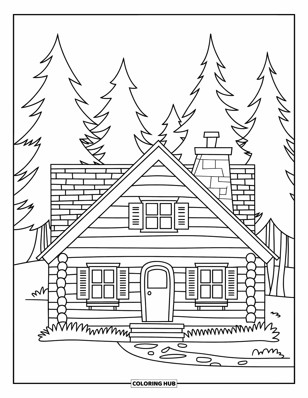 Huis Kleurplaat voor Kinderen: Een gezellige blokhut met pijnbomen en een schoorsteen