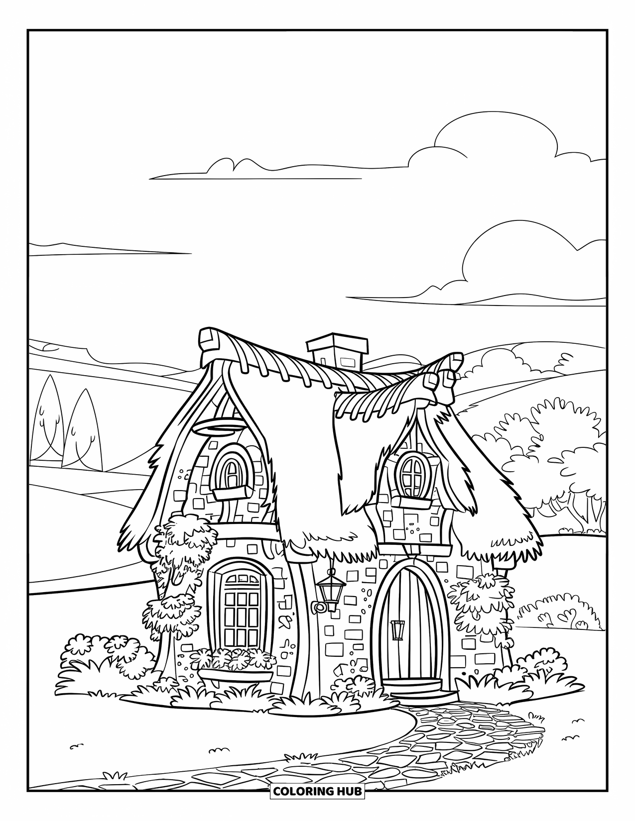 Huis Kleurplaat voor Kinderen: Een gezellig stenen huisje met klimop, bloemen en een pad door glooiende heuvels