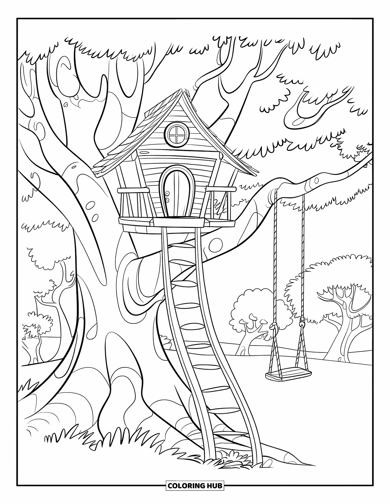 Huis Kleurplaat voor Kinderen: Een gezellige boomhut met een ladder, rond raam en een schommel in een bos