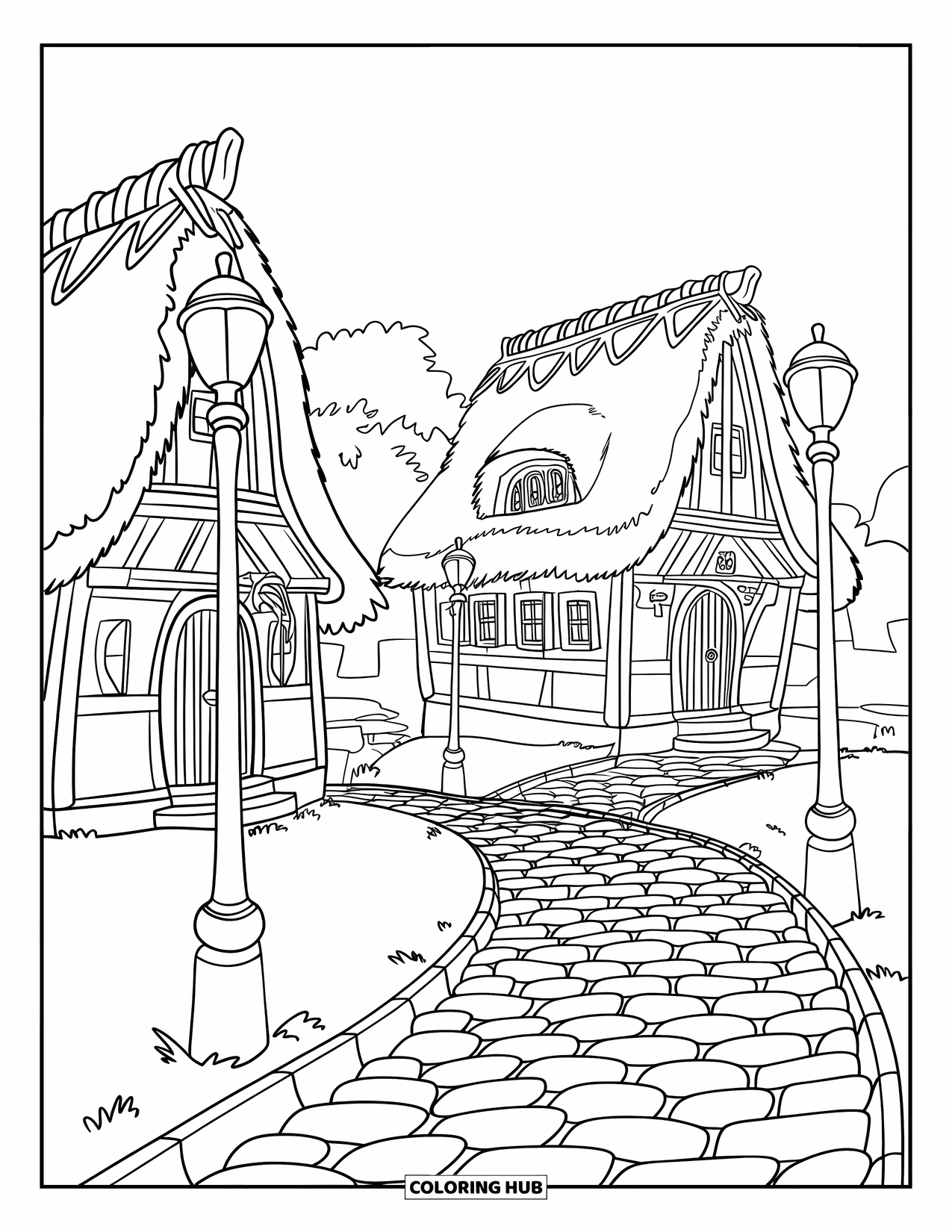 Huis Kleurplaat voor Kinderen: Een gezellige dorpsstraat met huizen met rieten daken, geplaveide paden en charmante straatlantaarns