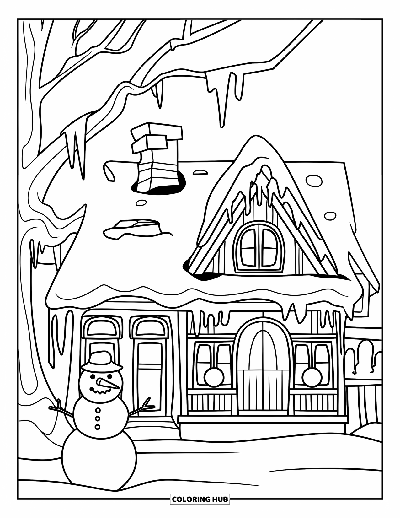 Huis Kleurplaat voor Kinderen: Een gezellig winterhuis met sneeuw, ijspegels en een boom in de buurt