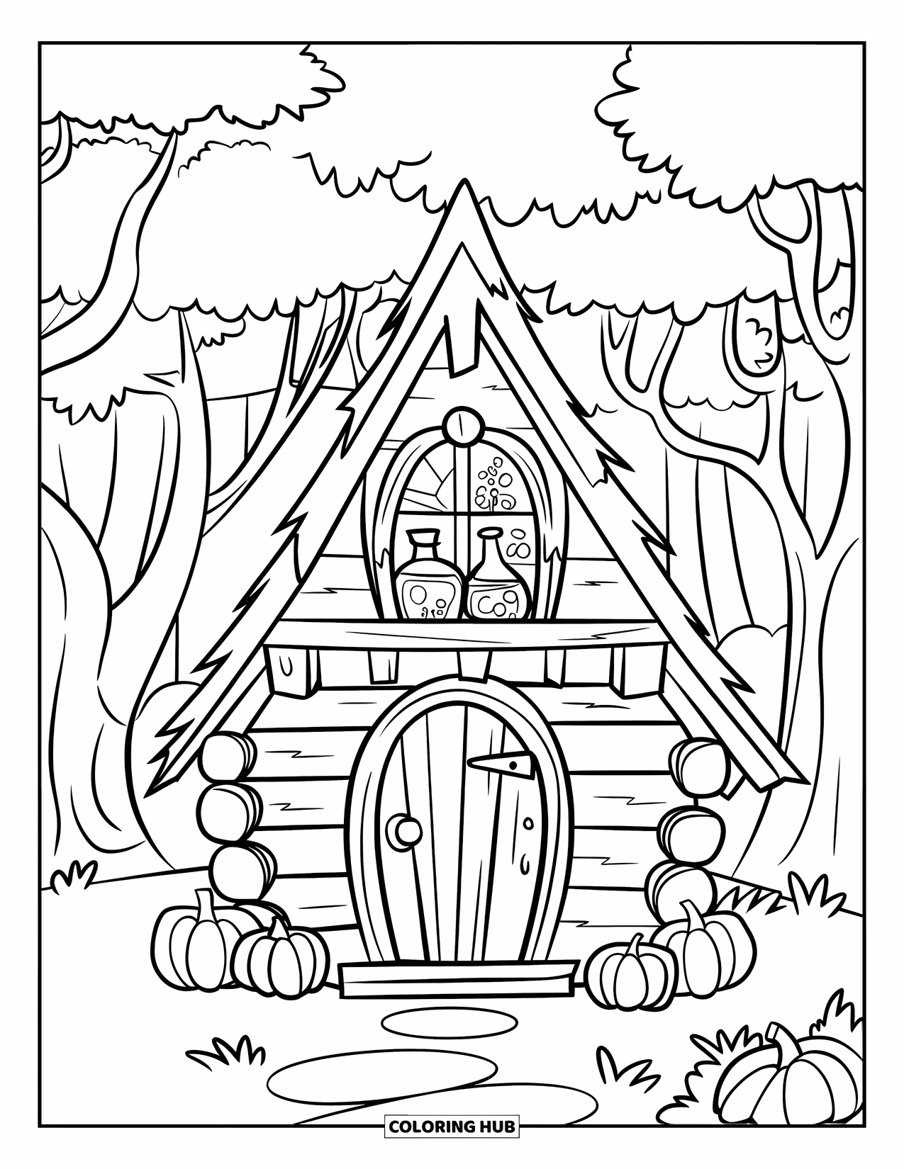 Huis Kleurplaat voor Kinderen: Een gezellige heksenhut met pompoenen en toverdrankflessen in het raam
