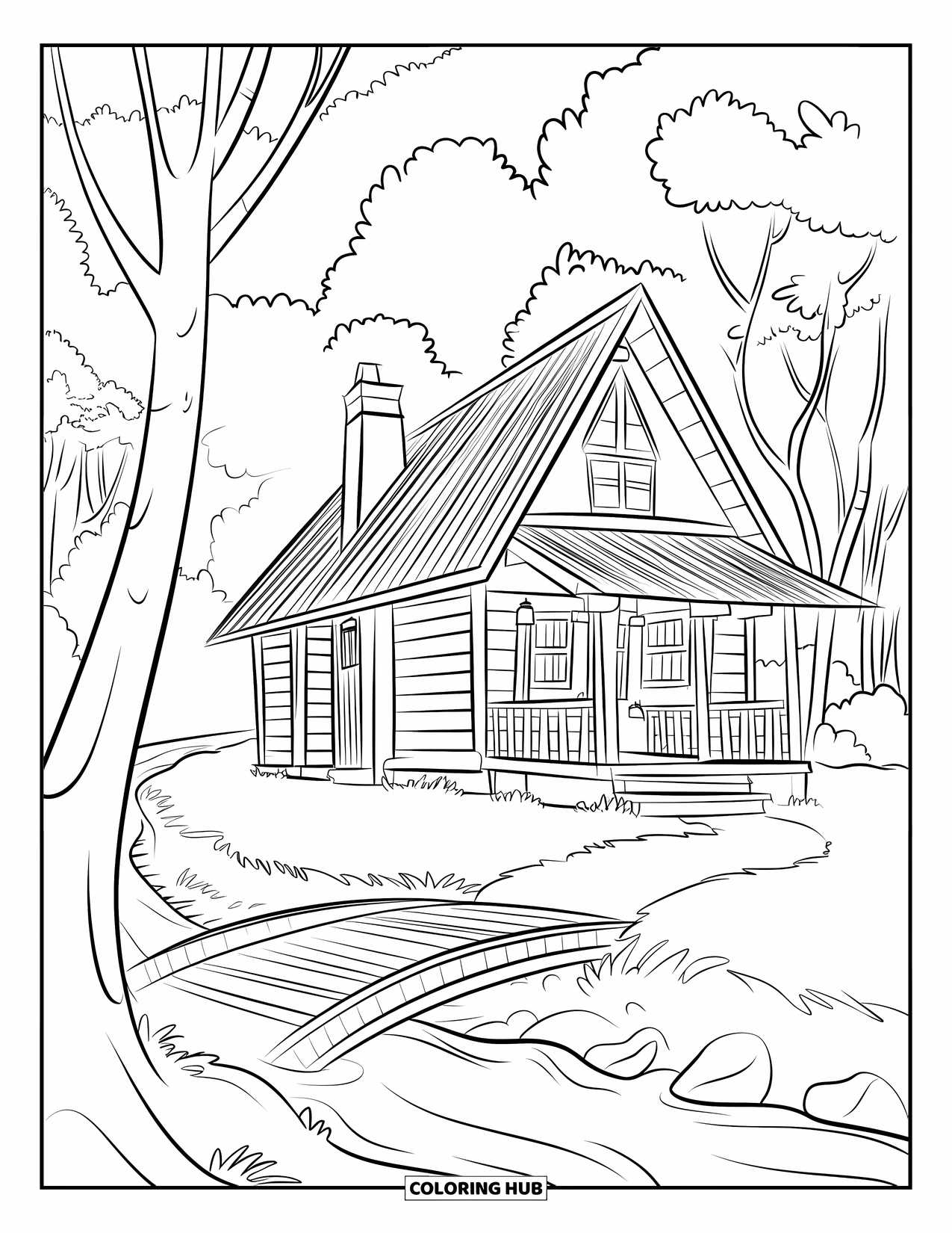Huis Kleurplaat voor Kinderen: Een boshut met een schoorsteen, een rivier in de buurt en een houten brug