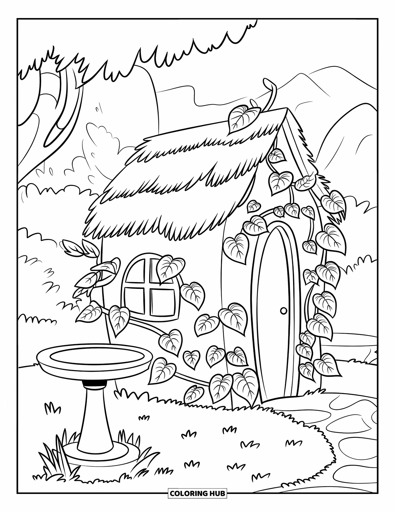 Huis Kleurplaat voor Kinderen: Een tuinhuis met wijnranken en een vogelbad ervoor