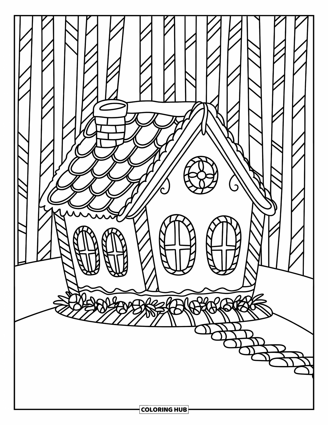 Huis Kleurplaat voor Kinderen: Een peperkoekhuis omringd door zuurstokbomen