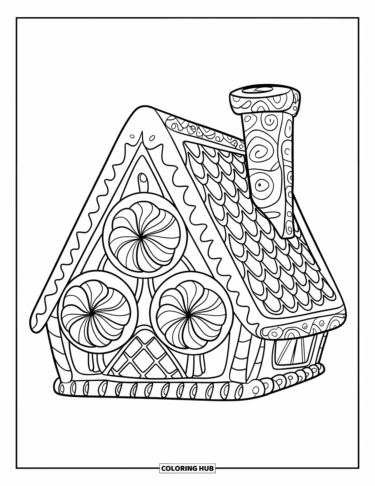 Huis Kleurplaat voor Kinderen: Een peperkoekhuis met snoepramen en een driehoekig dak