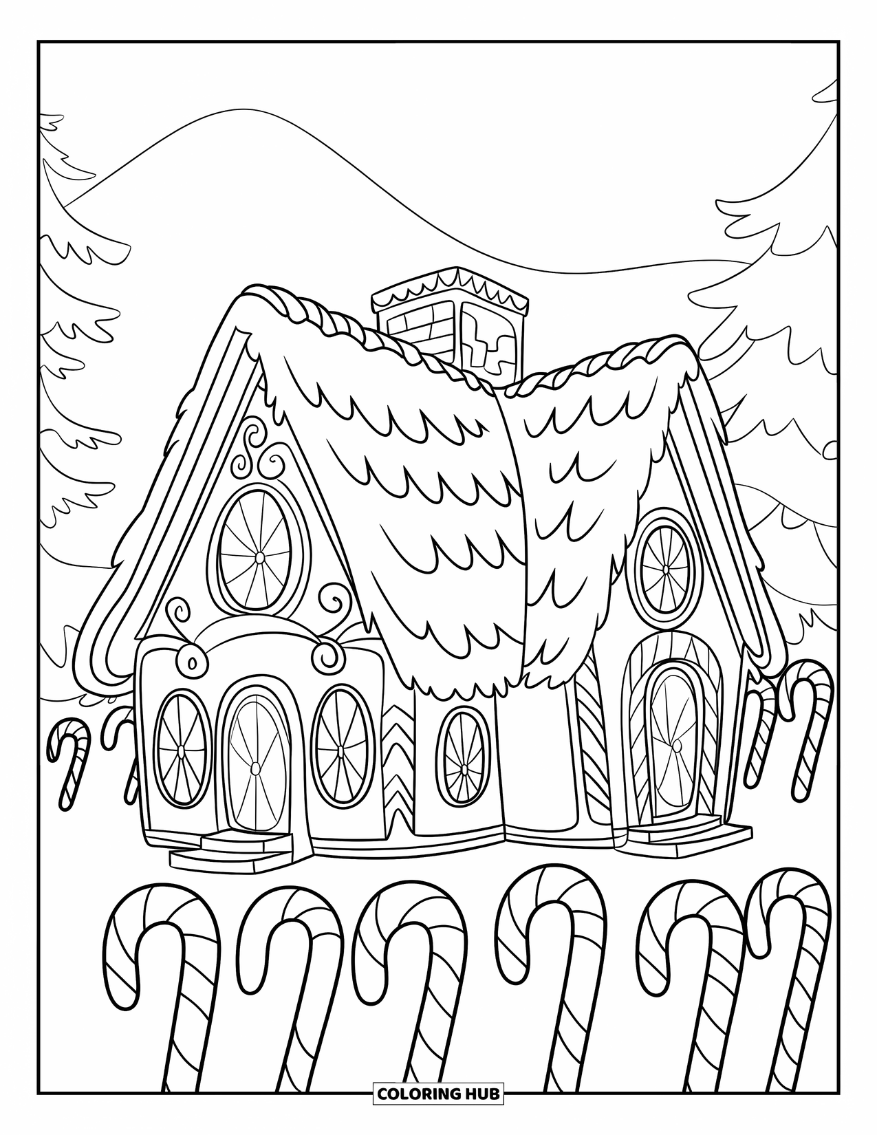 Huis Kleurplaat voor Kinderen: Een peperkoekhuis met snoepramen en zuurstokken