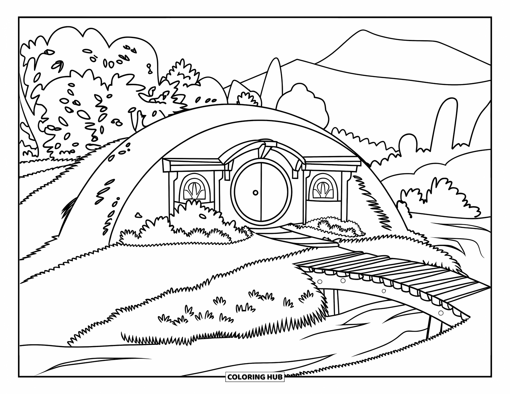Huis Kleurplaat voor Kinderen: Een hobbitwoning op een heuvel met een rivier en een brug